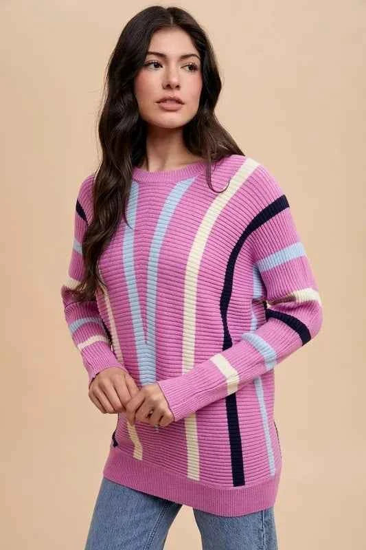 Chevron Stripe Round Neck Ribbed Sweater 71fad448-b860-410b-9675-3f23fe8a15d4-Max