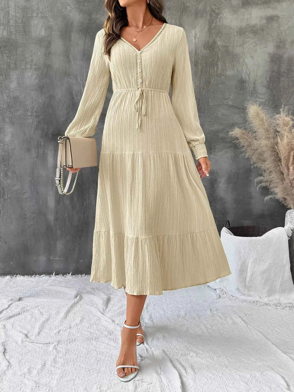 Tiered V-Neck Long Sleeve Dress Apricot 71fb46be08334c2fb2b1a83b60c0a0ea-Max-Origin