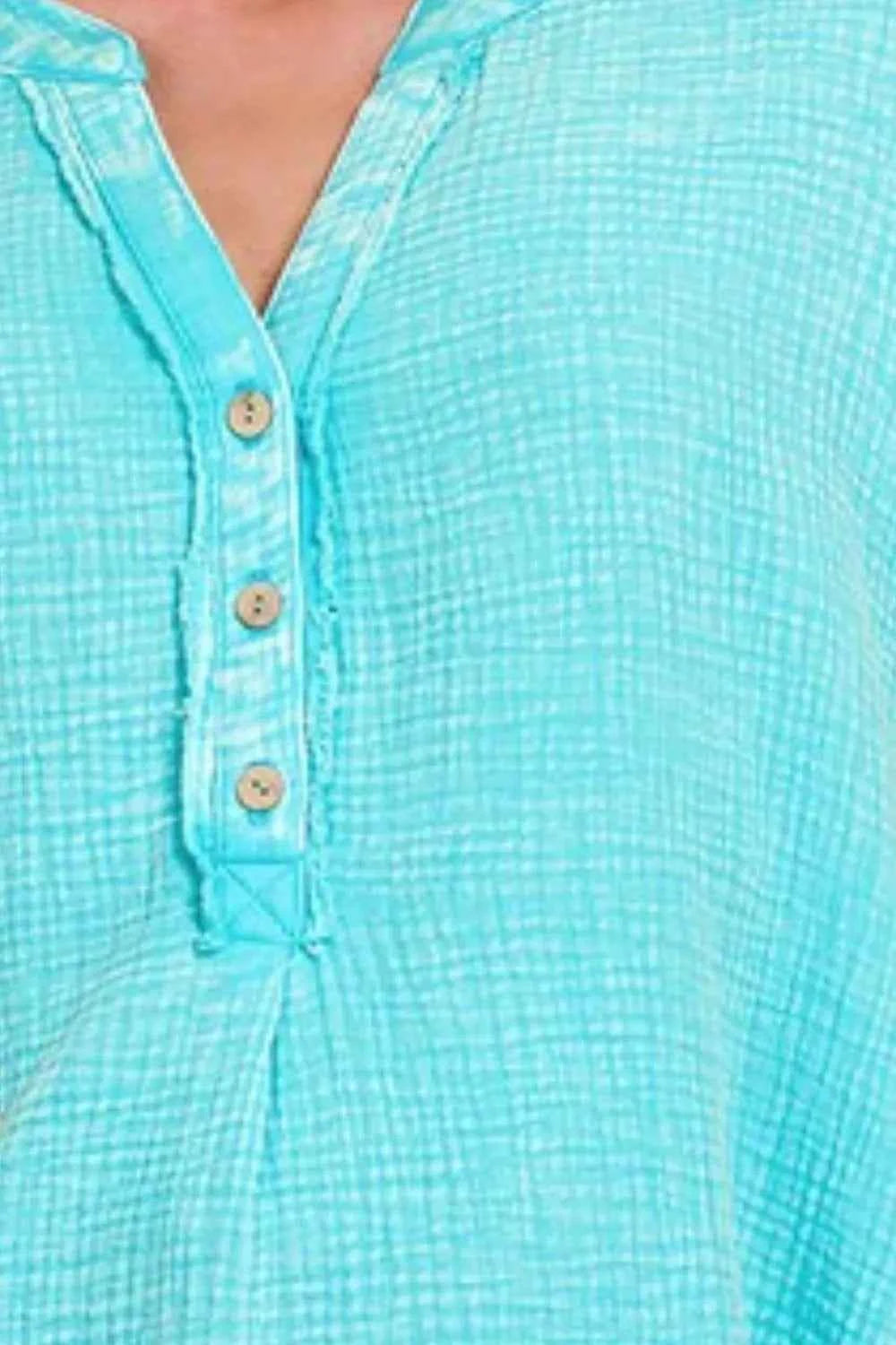 Zenana Washed Double Gauze 3/4 Button Henley Neck Shirt 720a5875-ccd4-4858-9d56-5162a6a84872-Max-Origin