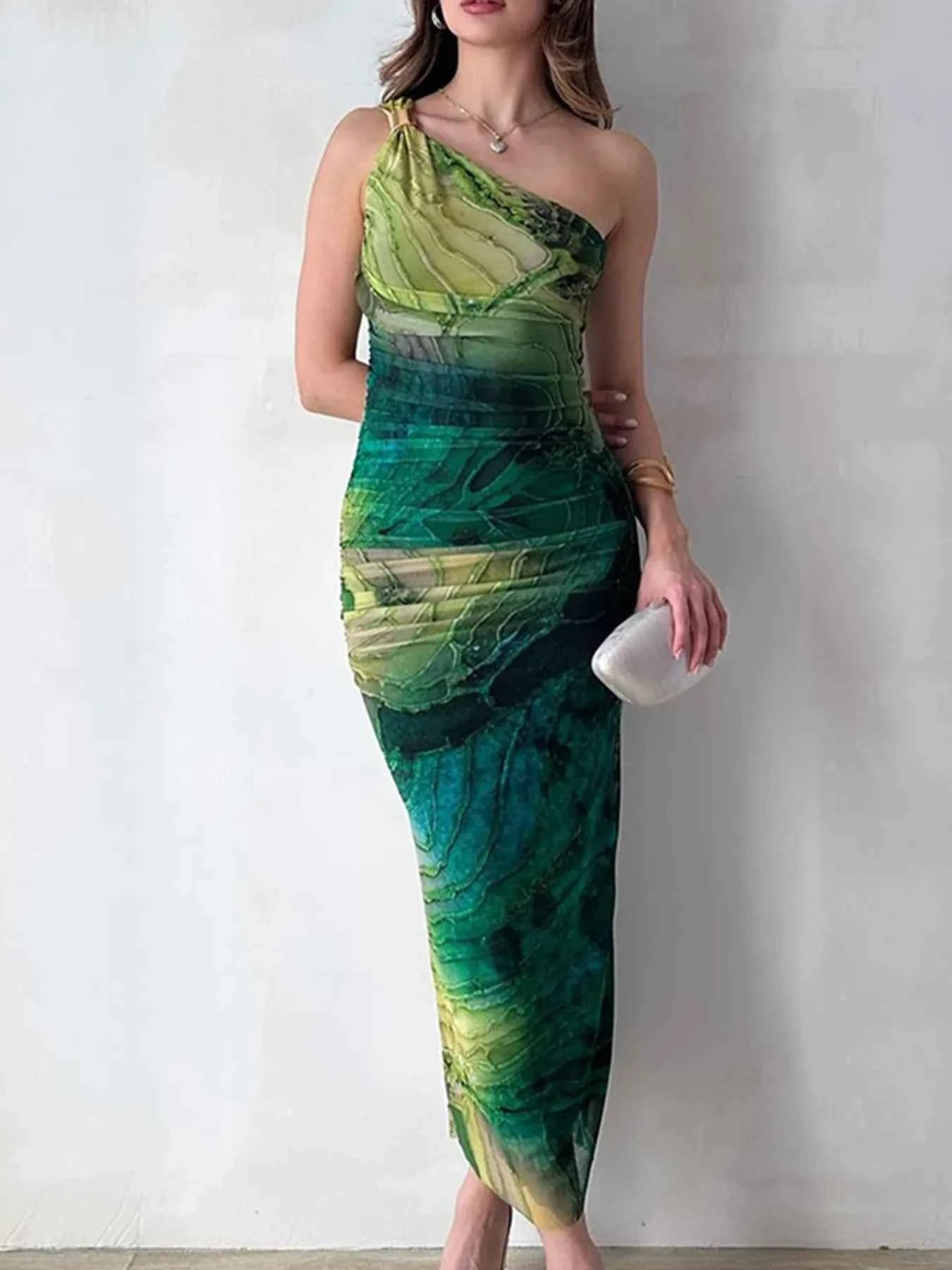 One Shoulder Printed Bodycon Maxi Dress Dark Green 720bd814906c412880842402c7249f6f-Max-Origin