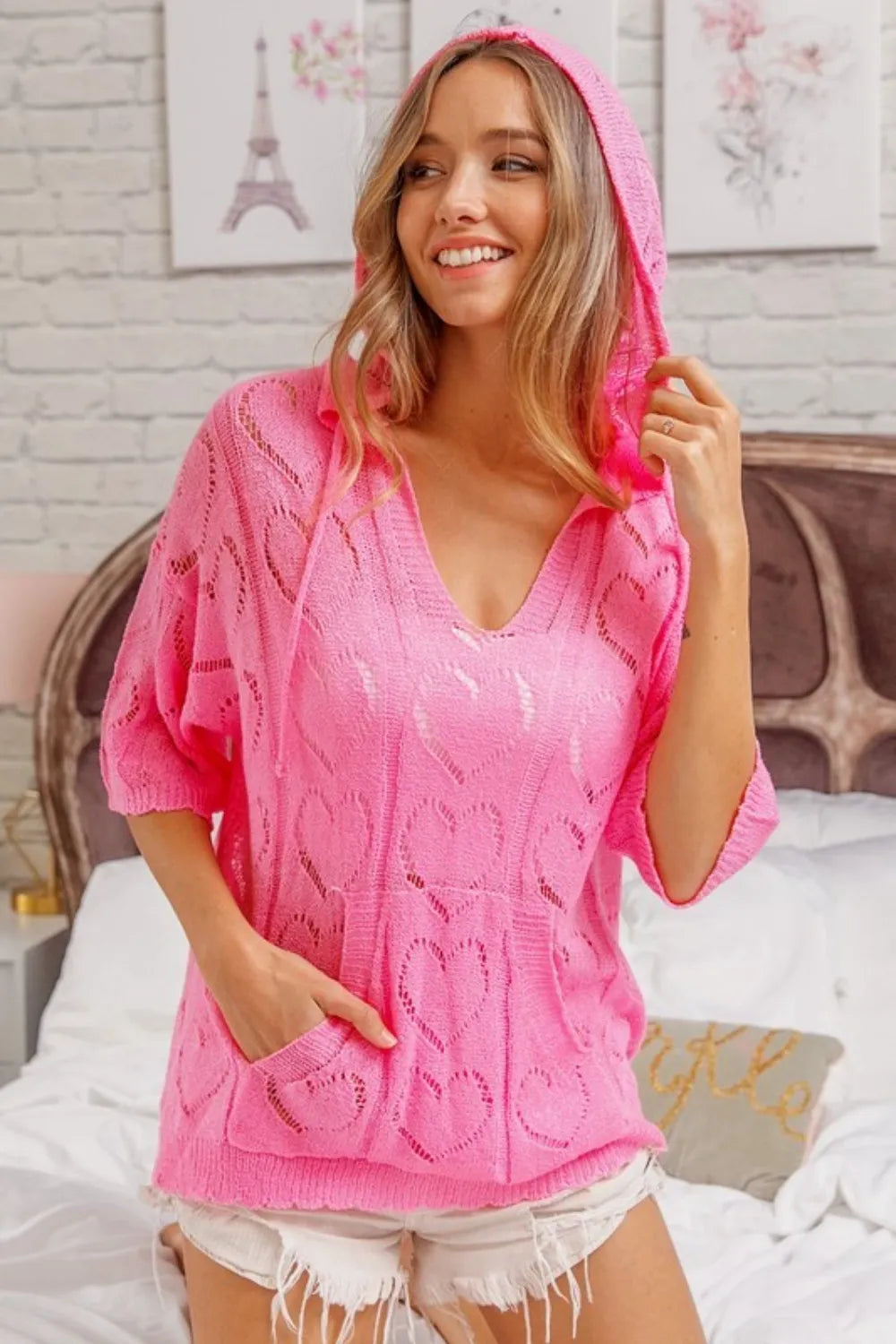 BiBi Openwork Heart Hooded Knit Top 720cecba-8f2e-4bef-b87a-48c1ce15fb30-Max