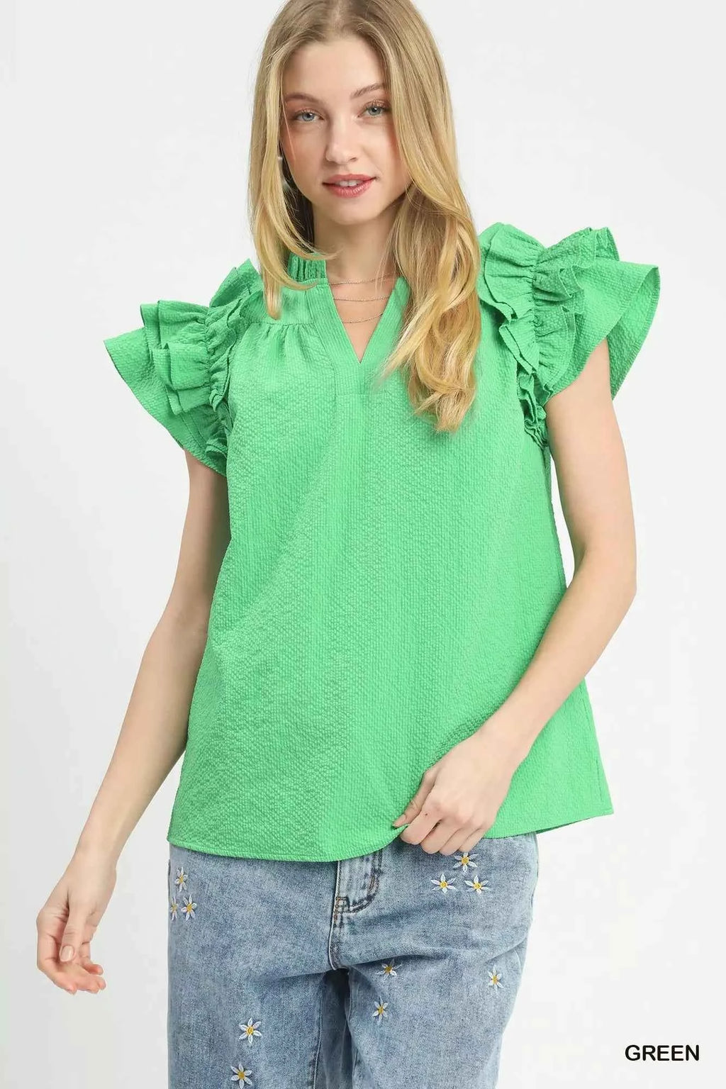 Umgee Textured Ruffle Sleeve Notched Top GREEN 720f1a33-30cd-44de-9dbc-e32abc80bc28-Max-Origin