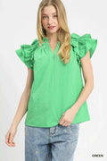 Umgee Textured Ruffle Sleeve Notched Top GREEN 720f1a33-30cd-44de-9dbc-e32abc80bc28-Max-Origin
