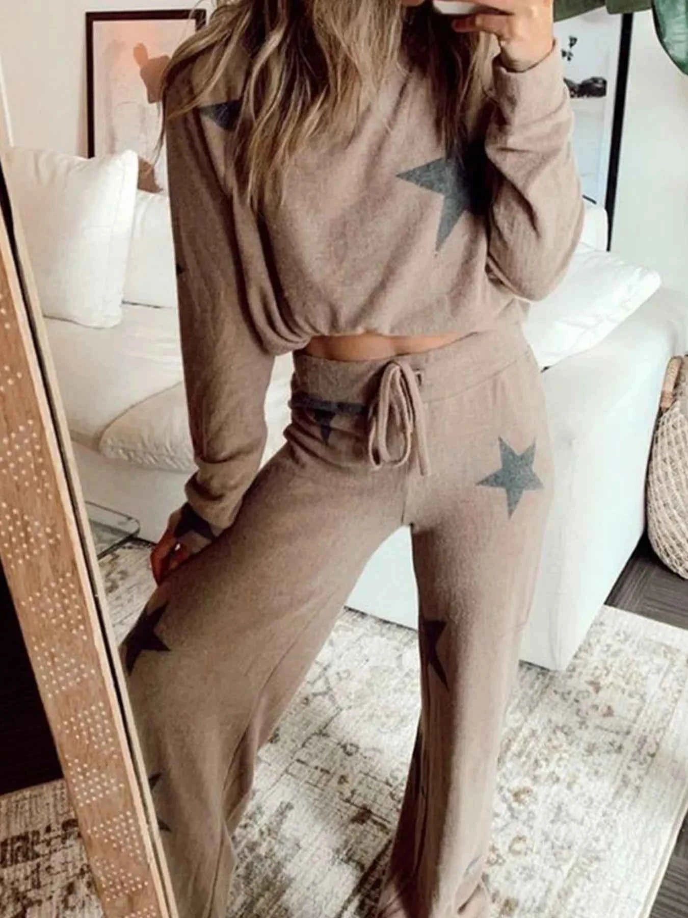 Star Print Top and Drawstring Pants Set Khaki 7211568f74a643bd9671b6439db4a4f8-Max-Origin