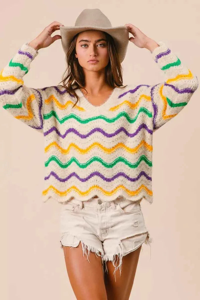 BiBi Mardi Gras Wavy Stripes V-Neck Sweater 7212038b44d64621ab72900c84c0a50c-Max-Origin