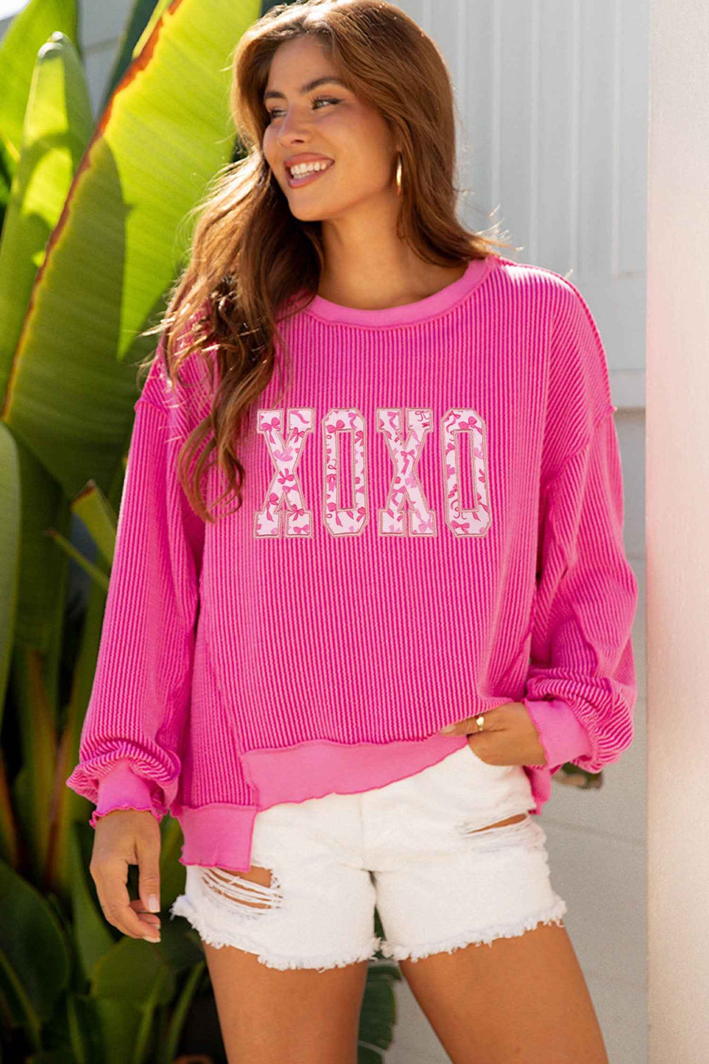 Strawberry Pink Twisted Ribbed Long Sleeve XOXO Bow Print Embroidered Patch Graphic Top Strawberry Pink 75%Polyester+20%Viscose+5%Elastane 72133e303339396c