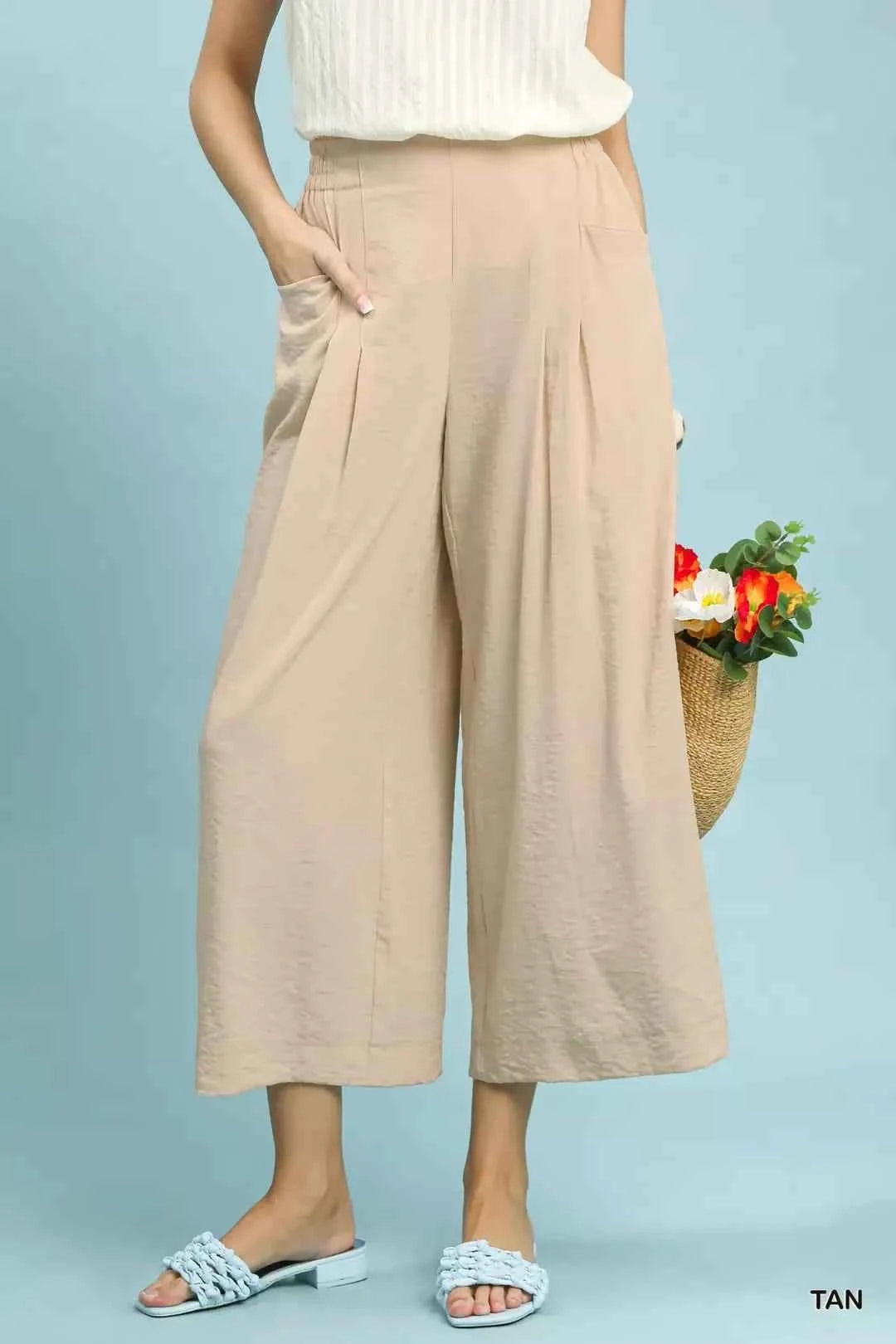 Umgee Solid Pleat Wide-Leg Cropped Pants TAN 7219bf36-f3ad-4f84-8cab-ce8a3841c71f-Max-Origin