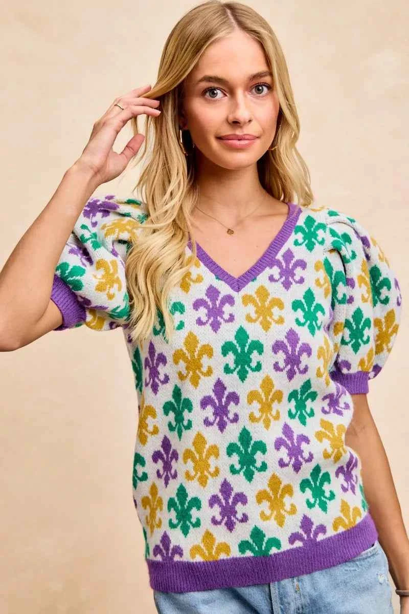BiBi Mardi Gras Fleur De Lis Patterned V Neck Knit Top 721c91d9caff44ef98f71870012b698d-Max-Origin
