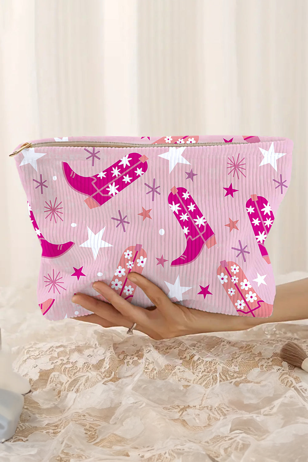 Pink Western Cowboy Boots Print Corduroy Makeup Bag Pink ONE SIZE 95%PU+5%Alloy 721cfeae1656b35b