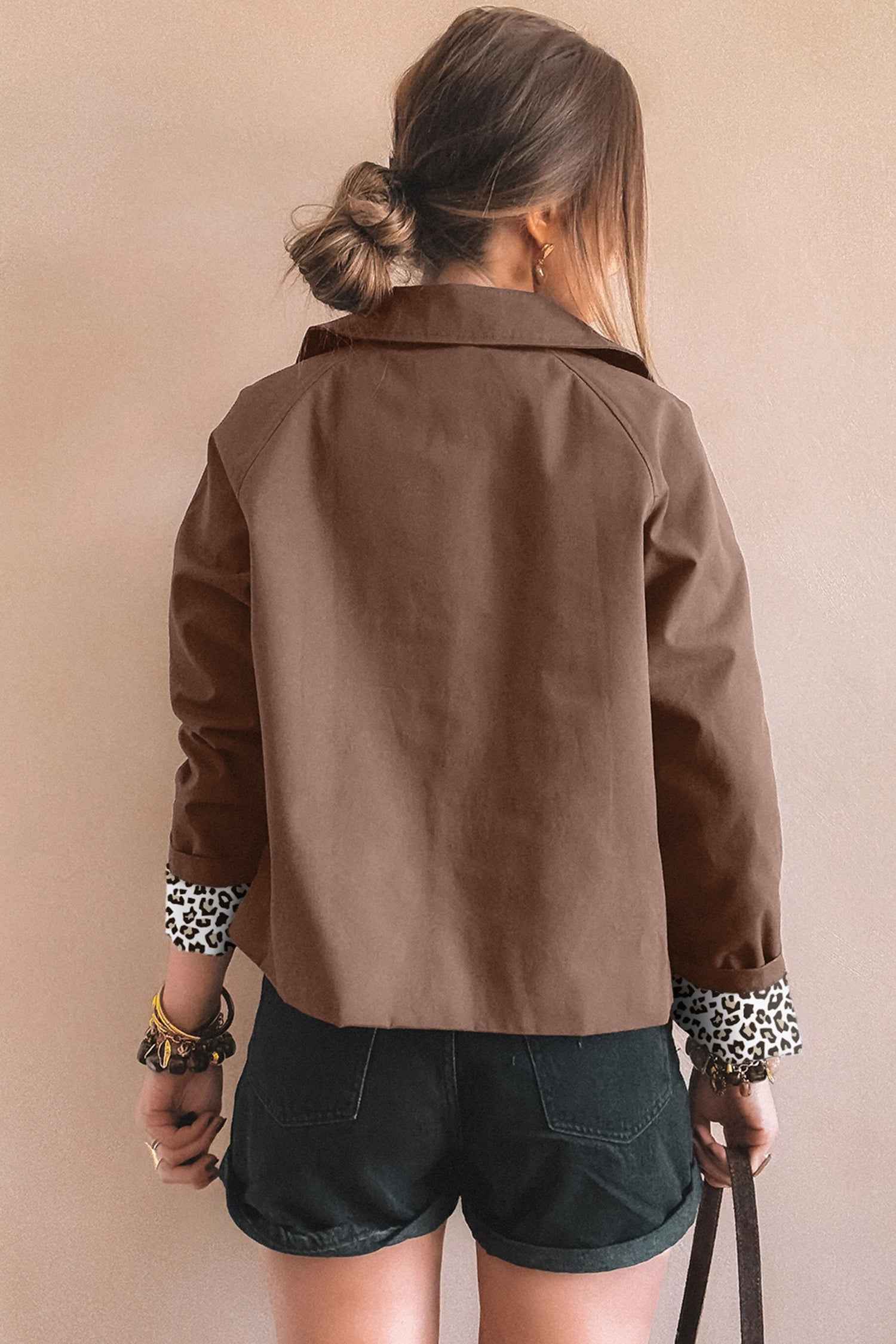 Dark Brown Collared Buttoned Leopard Liner Patchwork Chic Jacket 7222c4ed3cf6f685