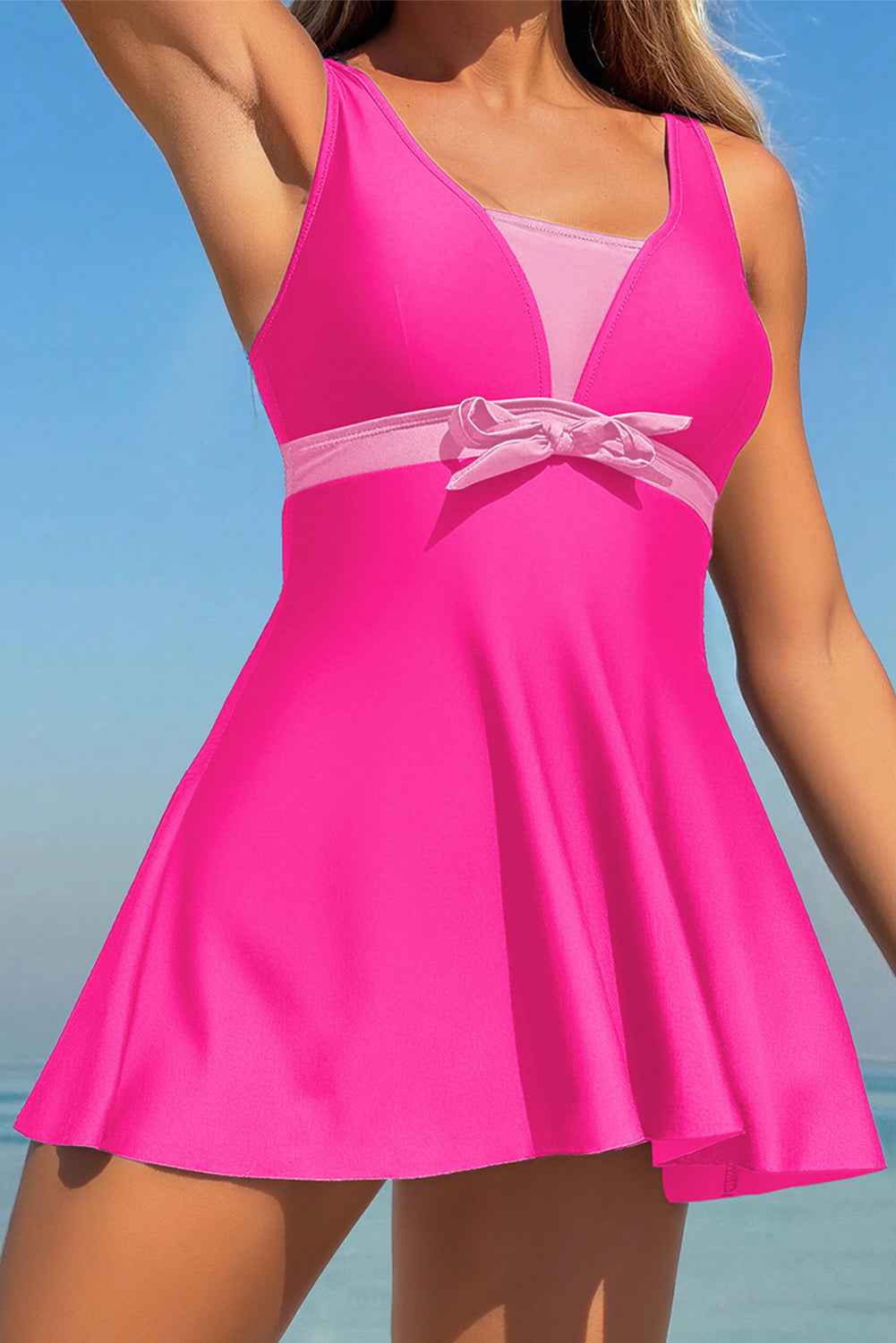 Blue Floral Print Patchwork Bow Knot Detail Sleeveless Swim Dress Rose Red 85%Polyester+15%Elastane 722f4a9333805fc2