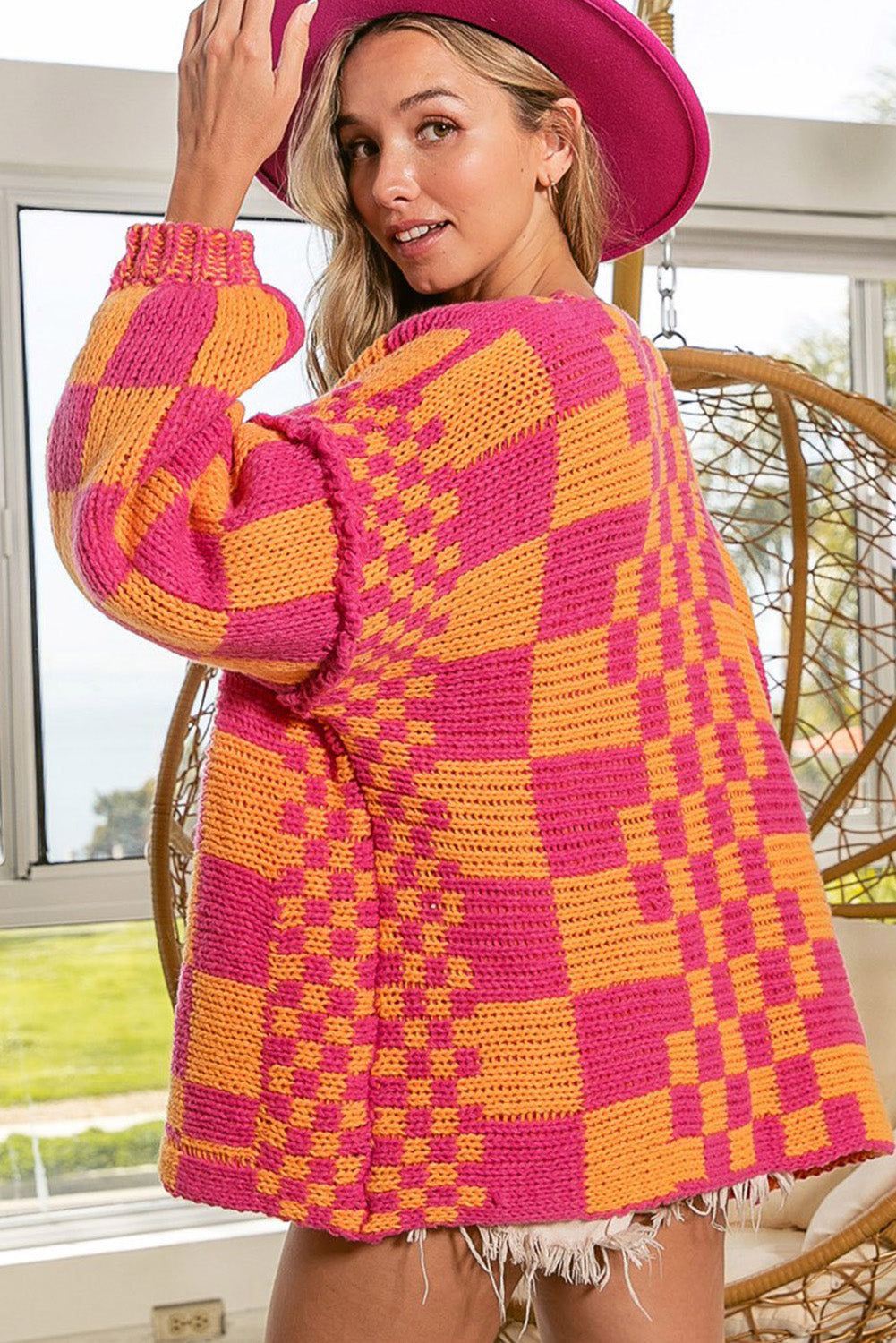 Dark Grey Colorblock Checked Loose Fit Open Front Knitted Cardigan 7232ac939768c3d2