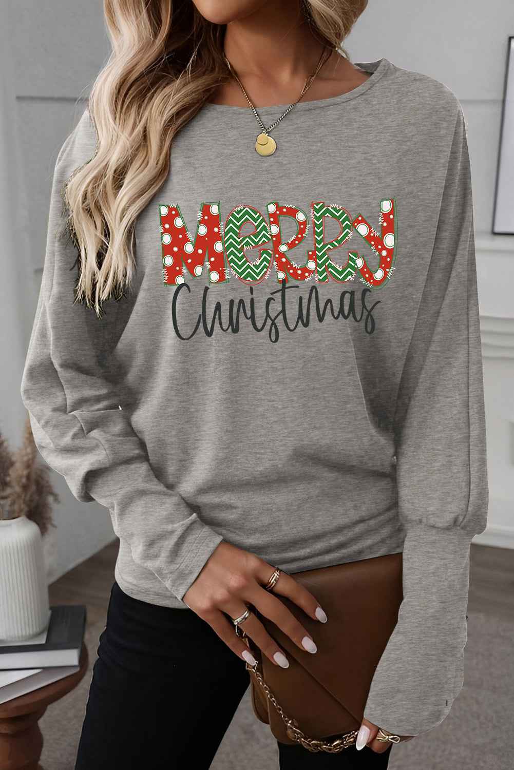 Light Grey Merry Christmas Graphic Extended Cuffs Dolman Long Sleeve Top 72350e07047fed19