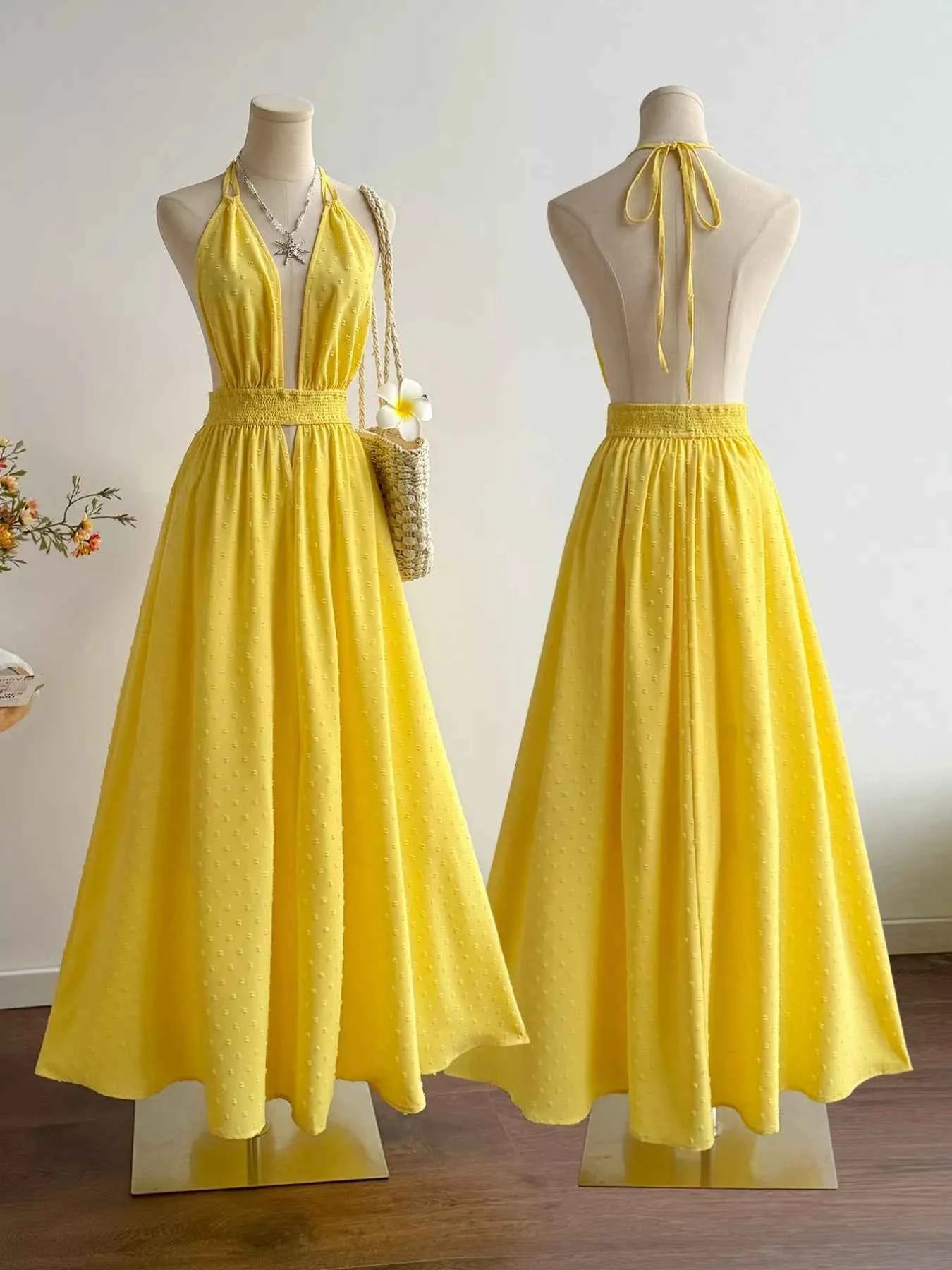 Swiss Dot Halter Neck Dress Yellow 72370000-0ac7-464a-a523-400812f2d9f1-Max-Origin