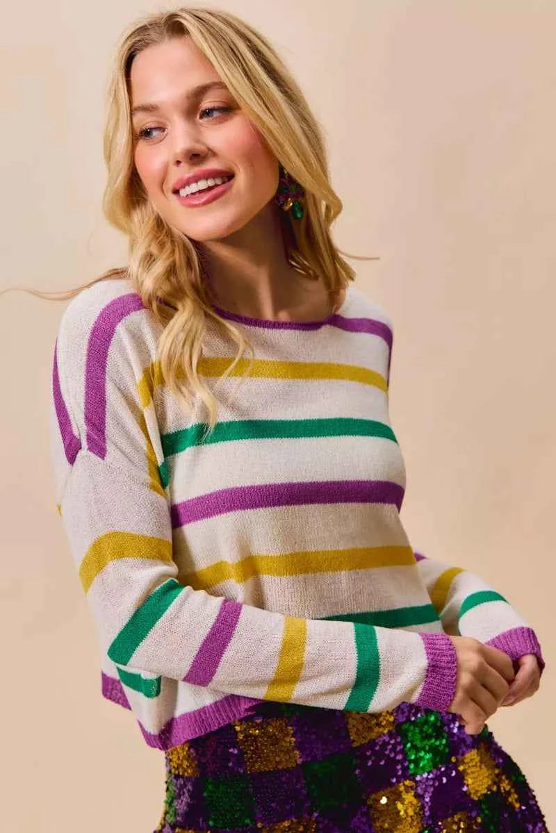 SO ME Mardi Gras Color Stripe Lightweight Sweater Top 723965a0e8fe46c9873785d1b276a768-Max-Origin