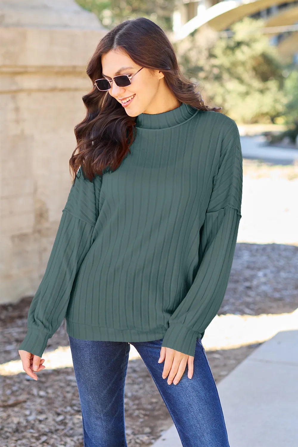 Basic Bae Full Size Ribbed Exposed Seam Mock Neck Knit Top Turquoise 723d5045258148a0a5f6d4fde857c949-Max