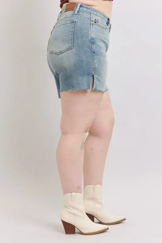 Judy Blue Full Size High Waist Vintage Wash Side Slit Denim Shorts Plus Size 723efc17-52ab-4ebe-9d35-b8c0f1dab5d2-Max-Origin