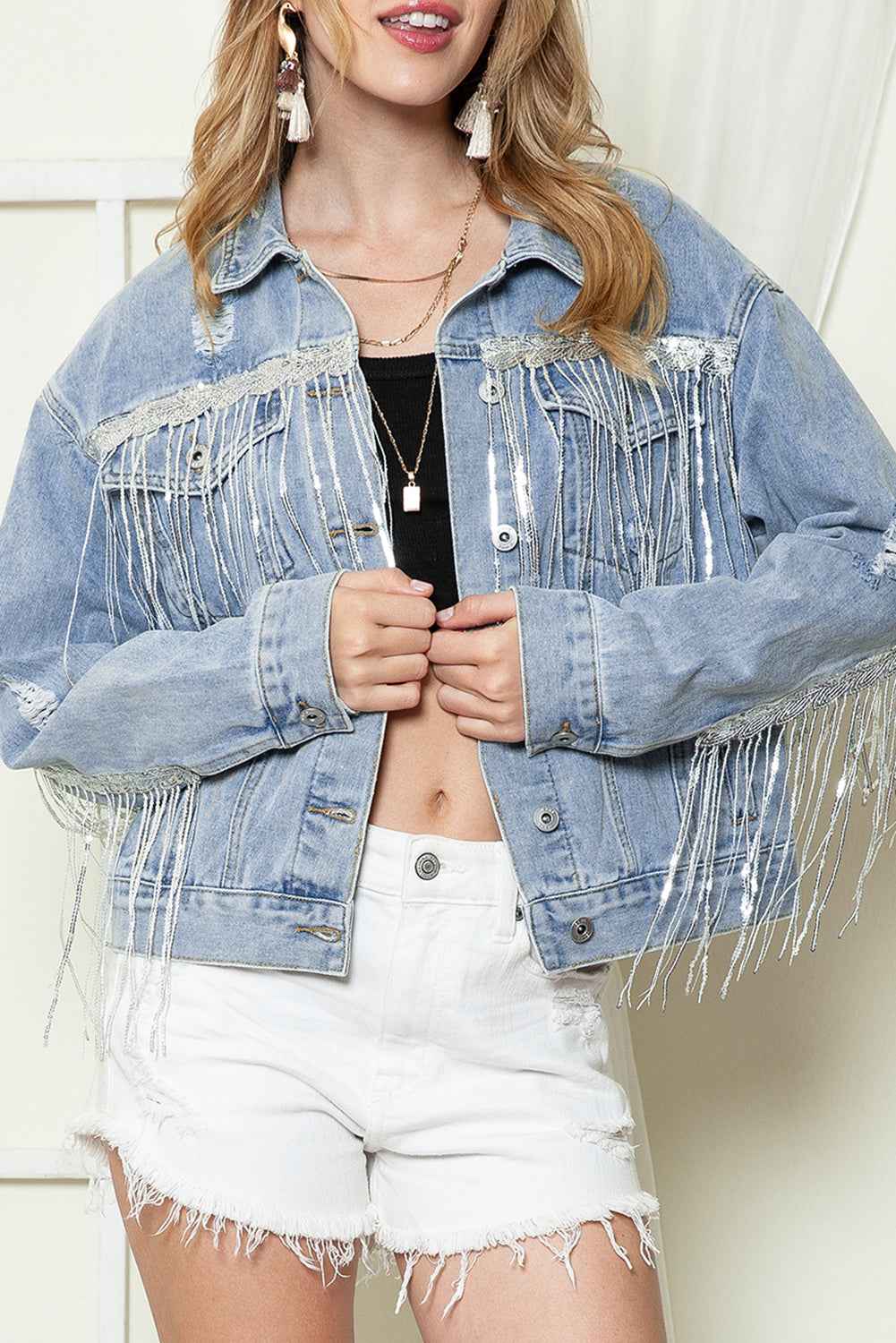 Blue Sequined Fringe Distressed Button Up Denim Jacket Sky Blue 75%Cotton+12.7%Polyester+12.3%Viscose 7240872ea3c1b17a