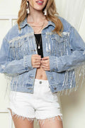 Blue Sequined Fringe Distressed Button Up Denim Jacket Sky Blue 75%Cotton+12.7%Polyester+12.3%Viscose 7240872ea3c1b17a