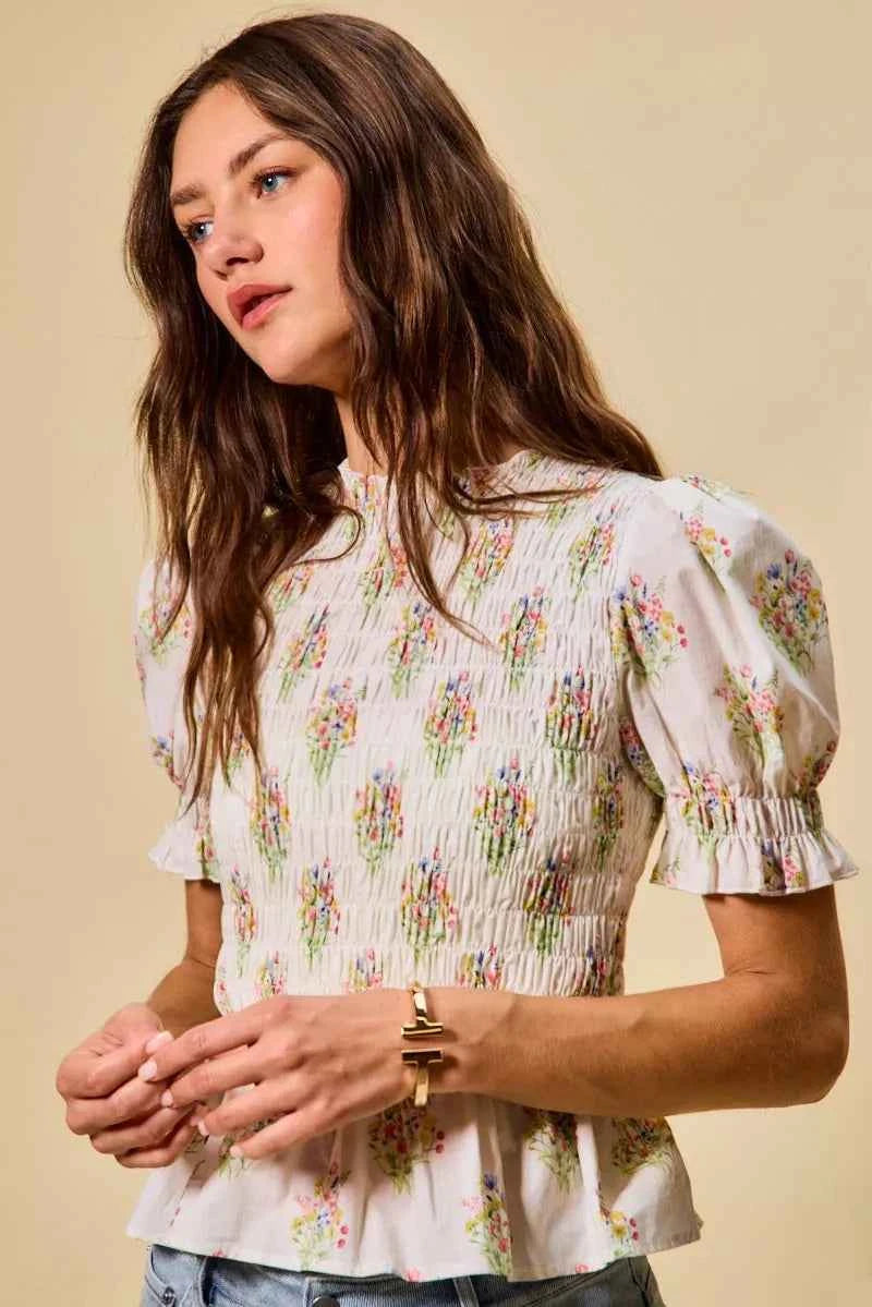 SO ME Floral Cotton Smocked Short Sleeves Blouse 7241496e26f74814849e1a7ce8f19eeb-Max-Origin