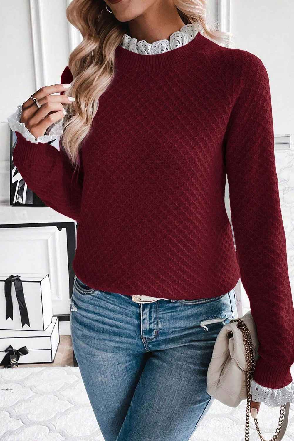Burgundy Contrast Lace Frill Trim Raglan Sleeve Sweater 72428ec163d7a0cc