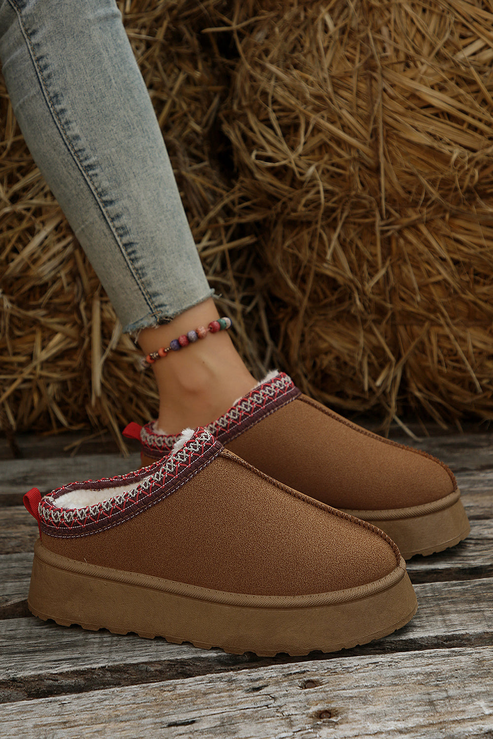 Chestnut Suede Contrast Print Round Toe Plush Lined Flats 7243a141dd6d921f