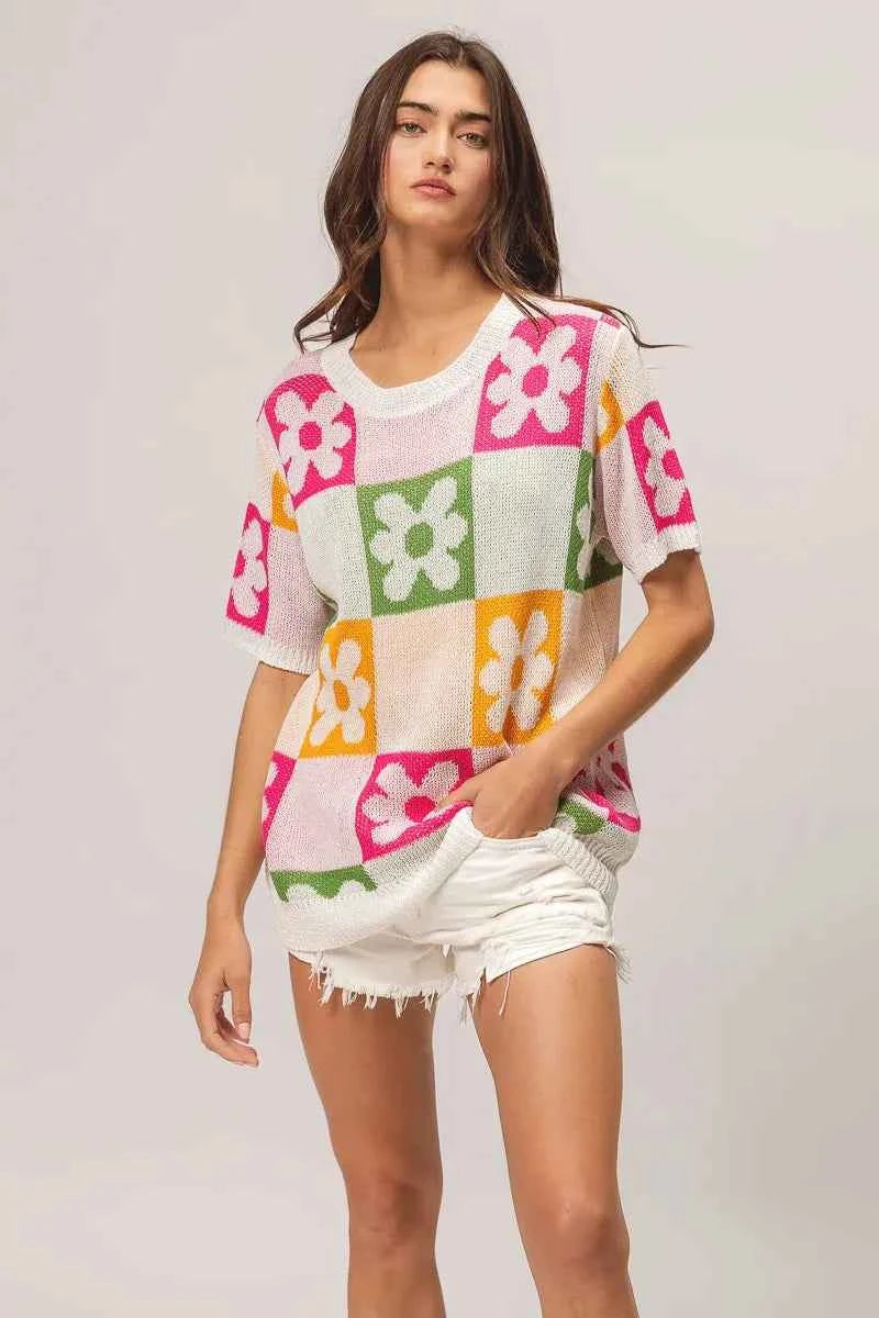 BiBi Flower Checker Pattern Lightweight Sweater Top 724660aaccef4d348e6ac1942b3b9cf3-Max-Origin