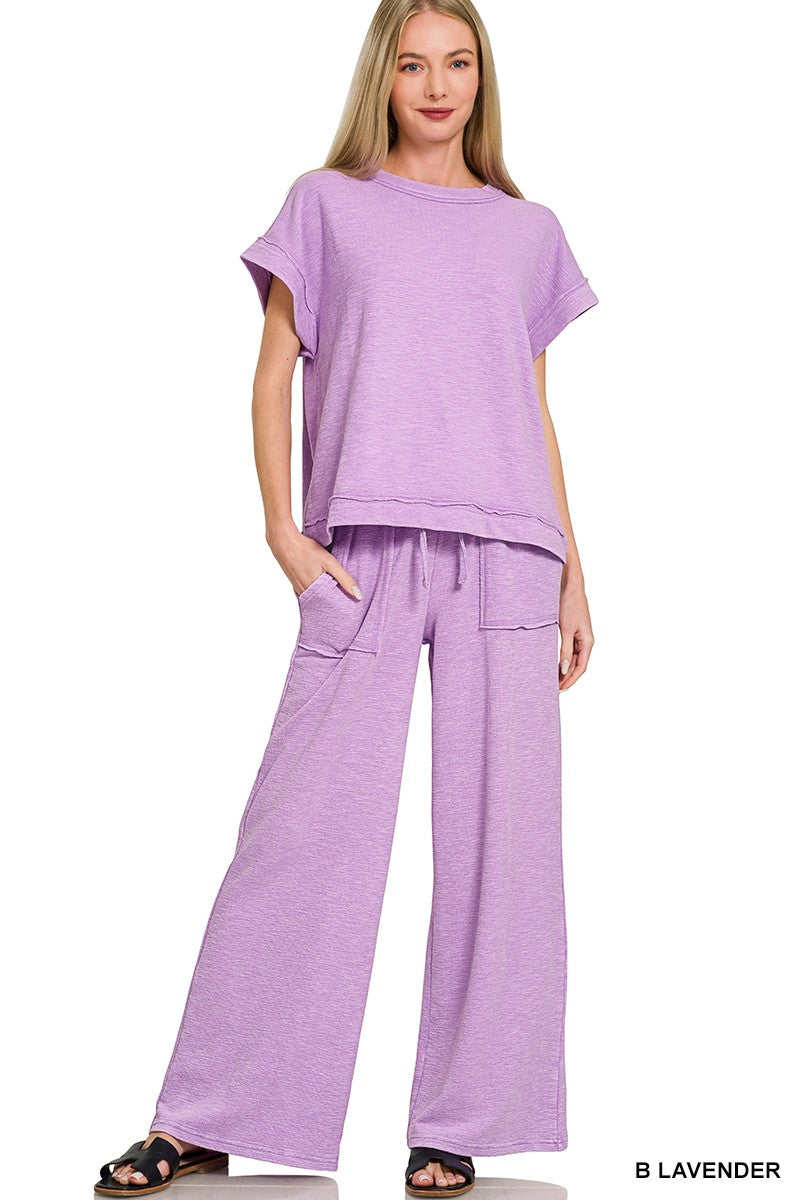 Zenana Washed Slub Short Sleeve Tee & Long Pants Set B LAVENDER 7246e66f010949ca9f07feb5f651b00b-Max