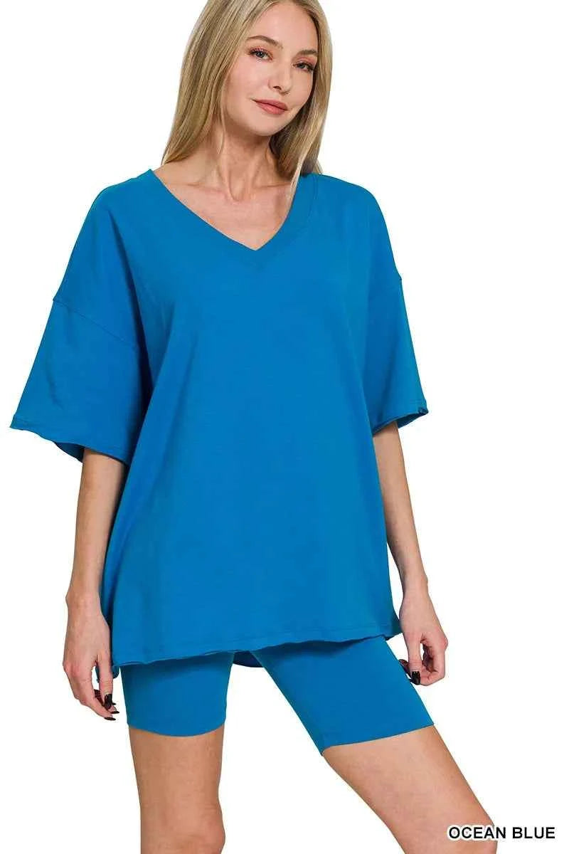 Zenana Cotton V-neck Top & Biker Shorts Set OCEAN BLUE 72496d966af142498659e24174eb6a2d-Max-Origin