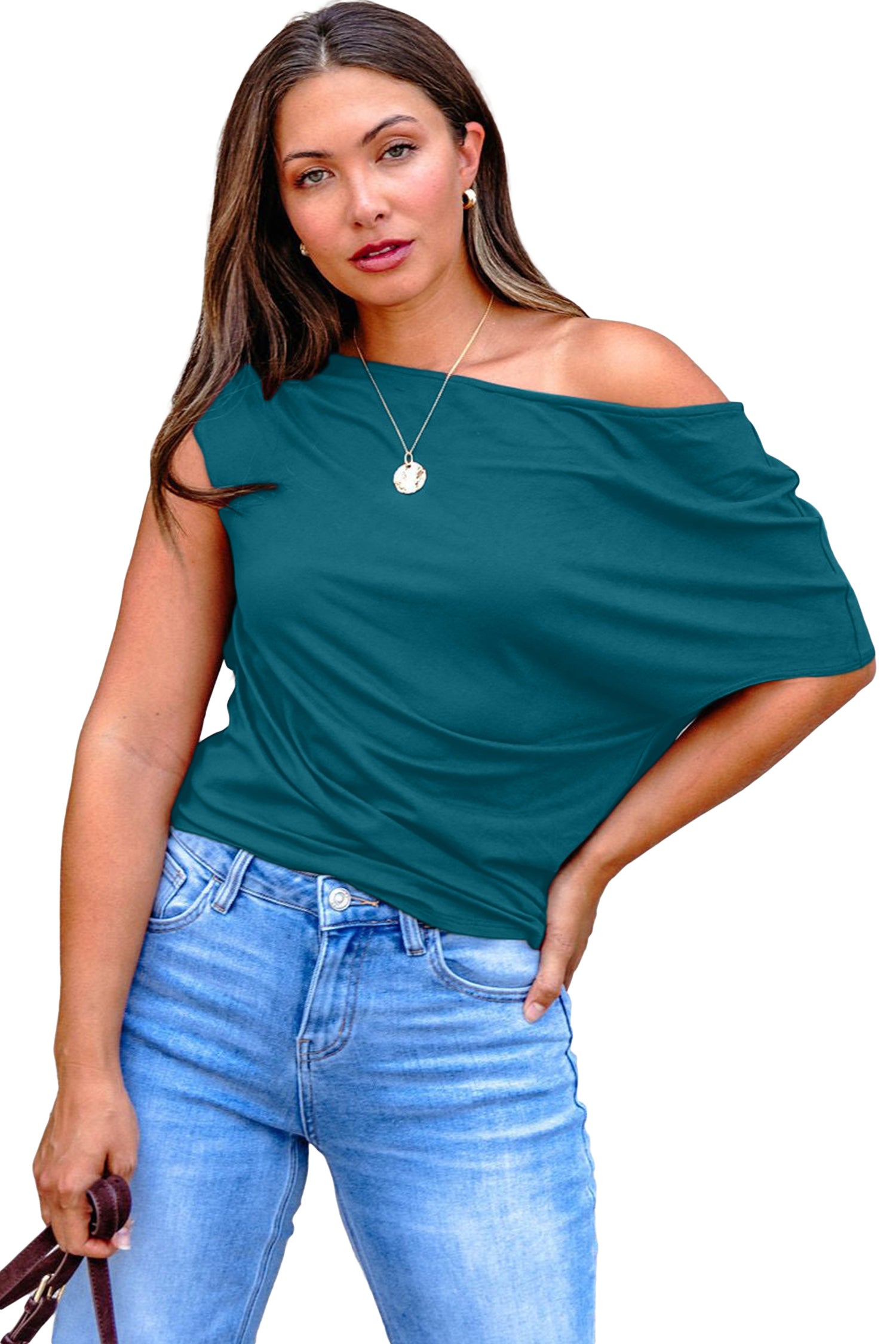 Blue Sapphire Plus Size Solid Color Asymmetric Neck Short Sleeve Blouse 724da0ae55858b52