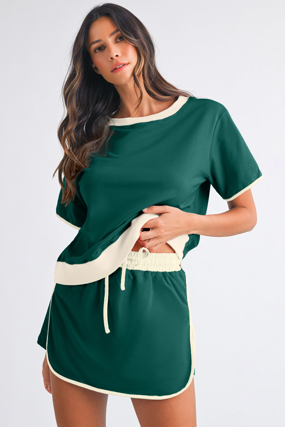 Black Colorblock Edge Drop Shoulder T Shirt and Skort Set 724fce237adacd15
