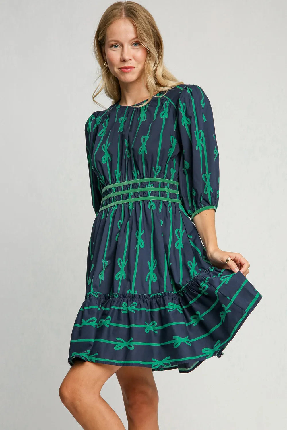 Umgee Ribbon Print Frill Contrast Velvet Trim Half Sleeve Dress Navy 725145db-8189-409e-ad16-9640c87e1c9f-Max