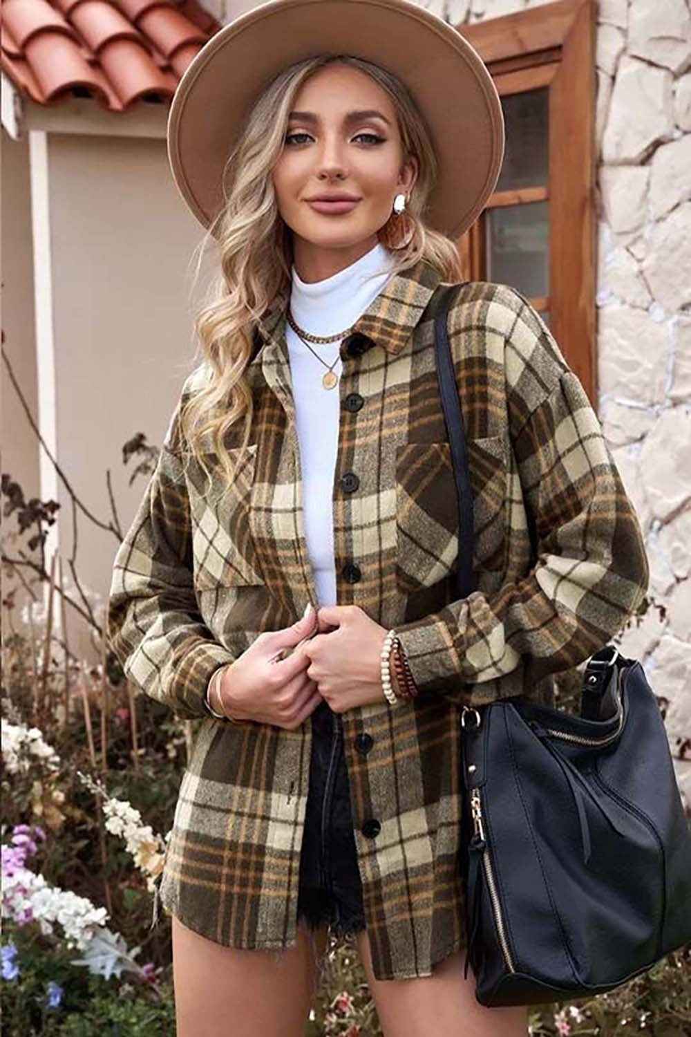 Plaid Collared Neck Button Up Jacket with Pockets Mocha 7253e39bfe144eb4b90b7a52490a2bc4-Max
