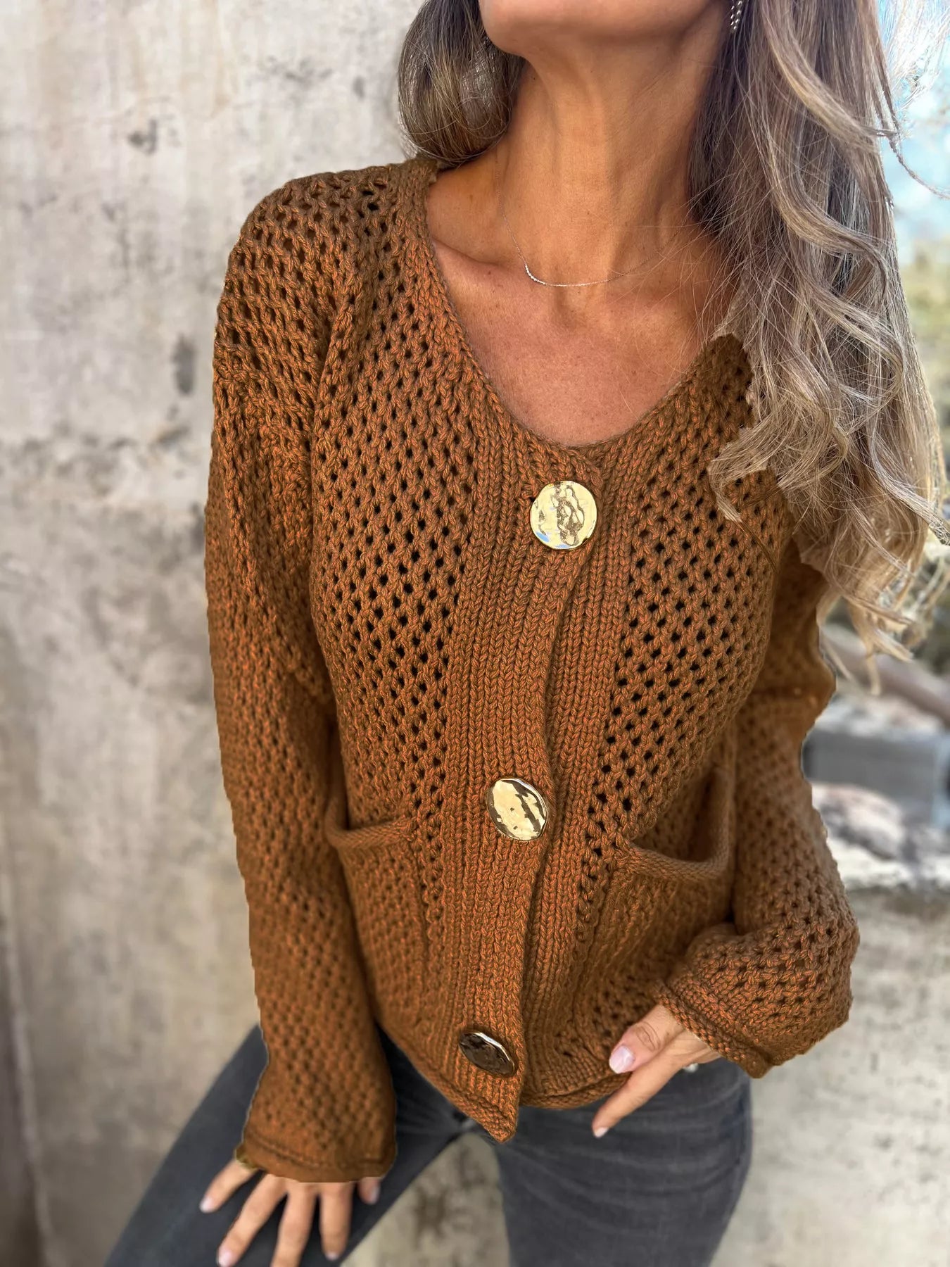 Crochet Button Up Long Sleeve Cardigan Brown 725504af-cb5c-4af2-a792-fca7b55eccbd-Max-Origin