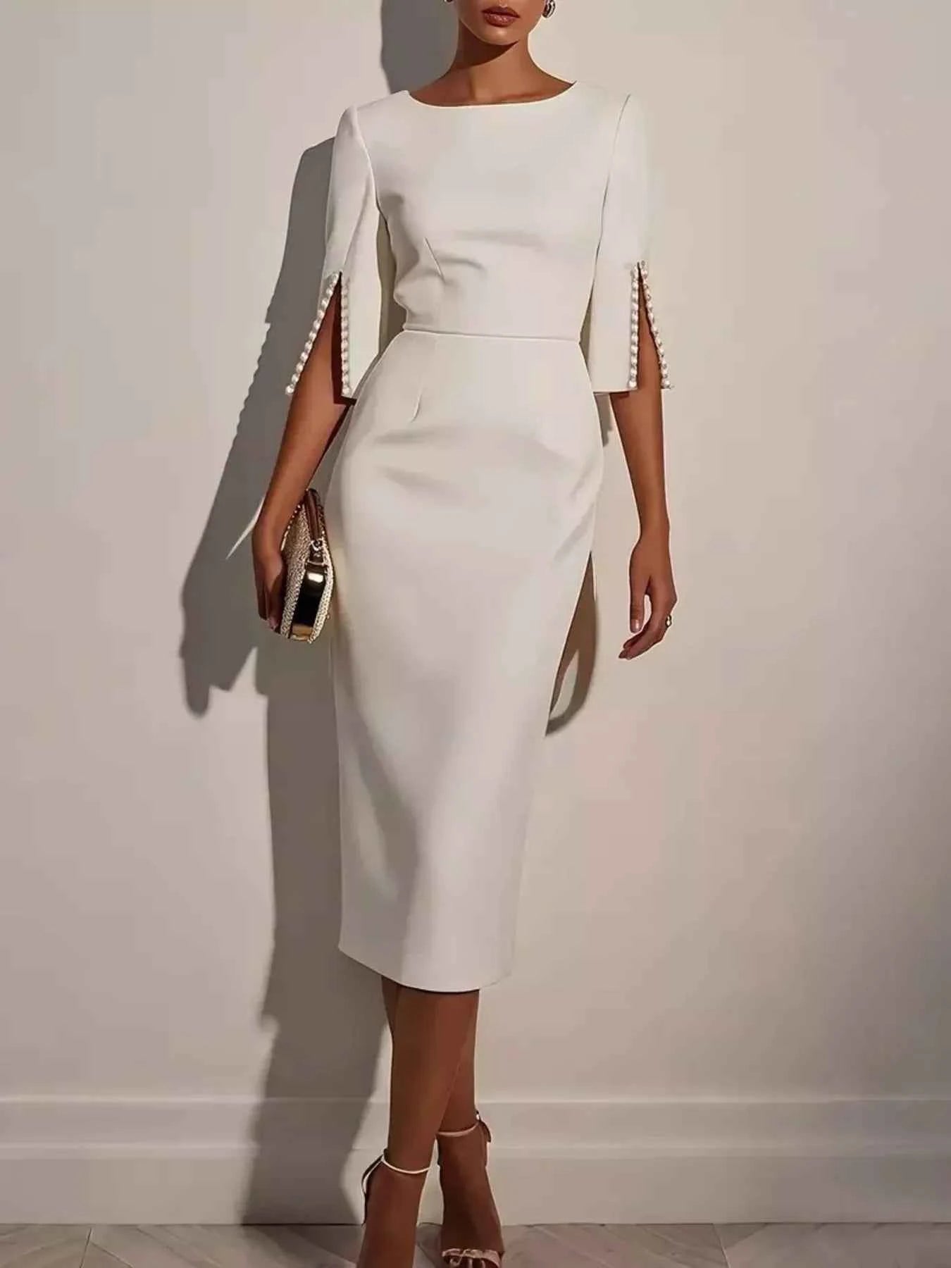 Slim-Fit Elegant Midi Dress with Beaded Slit Sleeve White 725843bc8e094e04a09f1975548d00bf-Max-Origin
