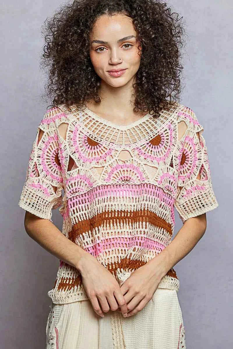 Weave Pattern Short Sleeve Crochet Top with Border Accents 725bba3f-9407-4a9b-85fe-67e5455a05e5-Max-Origin