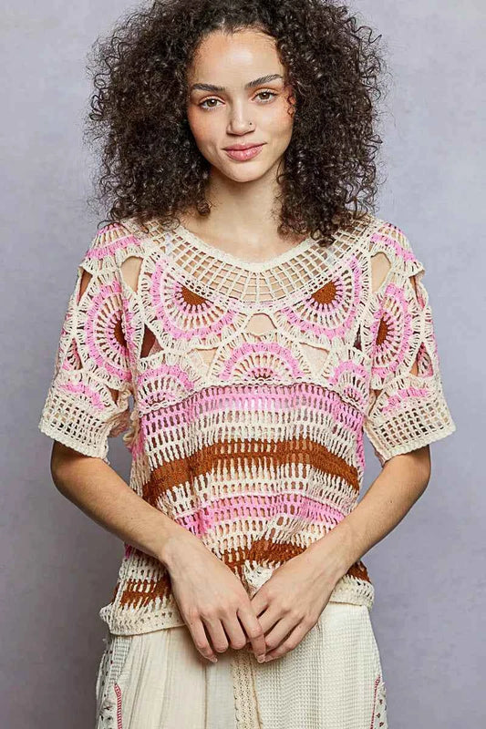 Weave Pattern Short Sleeve Crochet Top with Border Accents 725bba3f-9407-4a9b-85fe-67e5455a05e5-Max-Origin