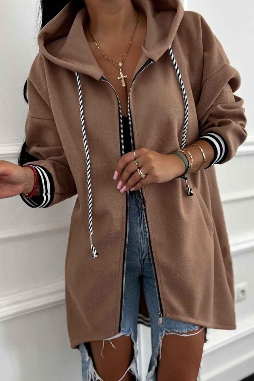Dark Khaki Contrast Cuffed Drop Shoulder Zip up Tunic Hoodie Dark Khaki 100%Polyester 725ddfedde543edc