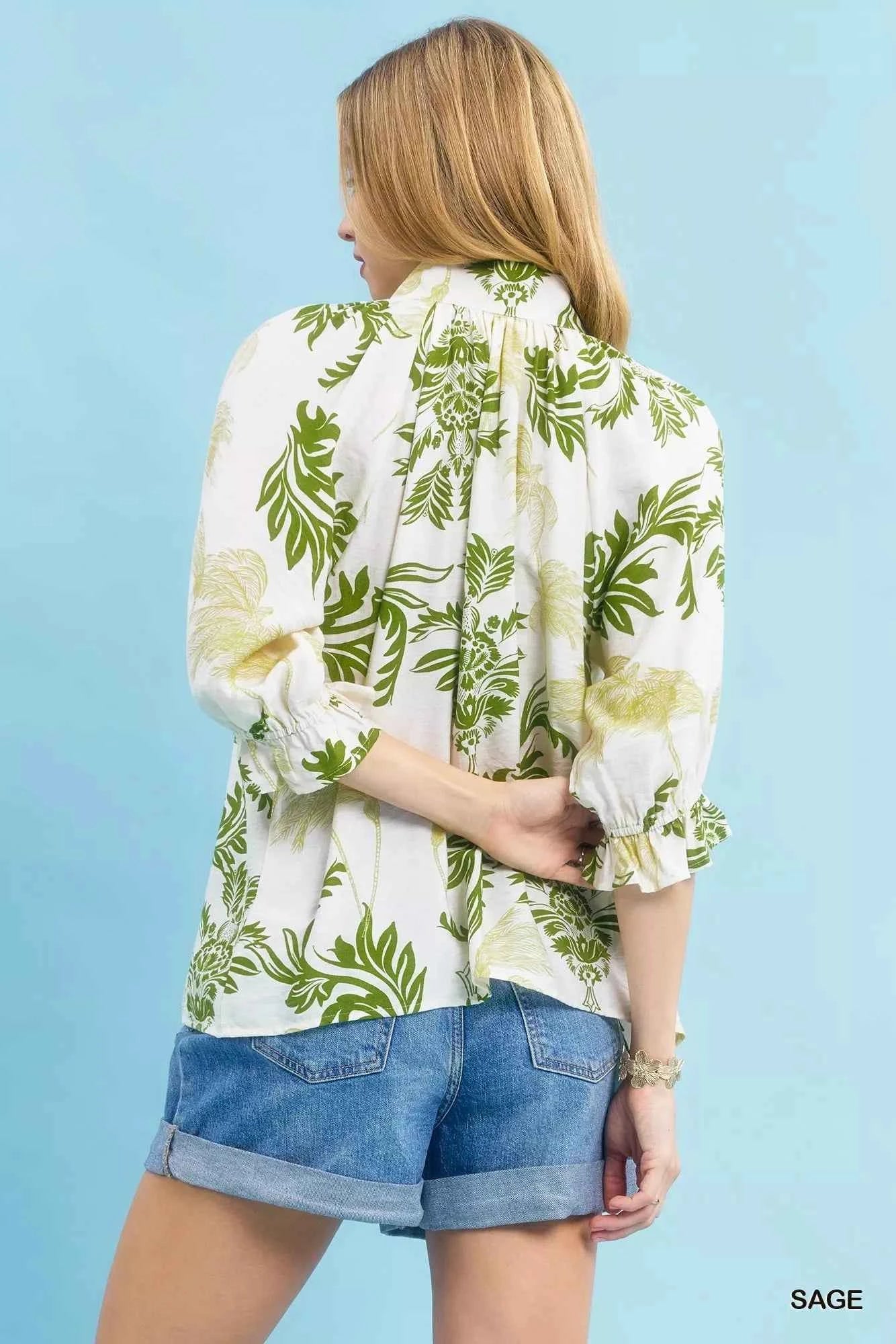 Umgee Leafy Damask Print Blouse with Contrast Scalloped Trim Detail