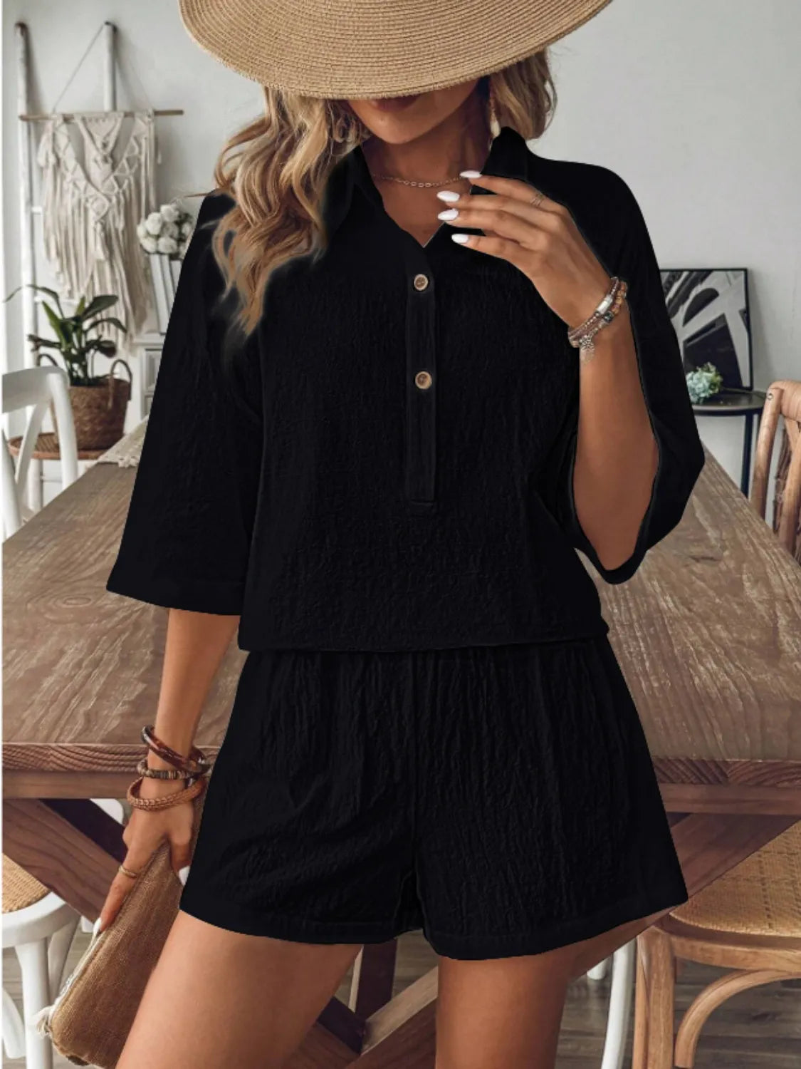 Collared Neck Half Sleeve Top and Shorts Set Black 726bf956-940e-4f3d-8d79-6c2effac42cc-Max-Origin