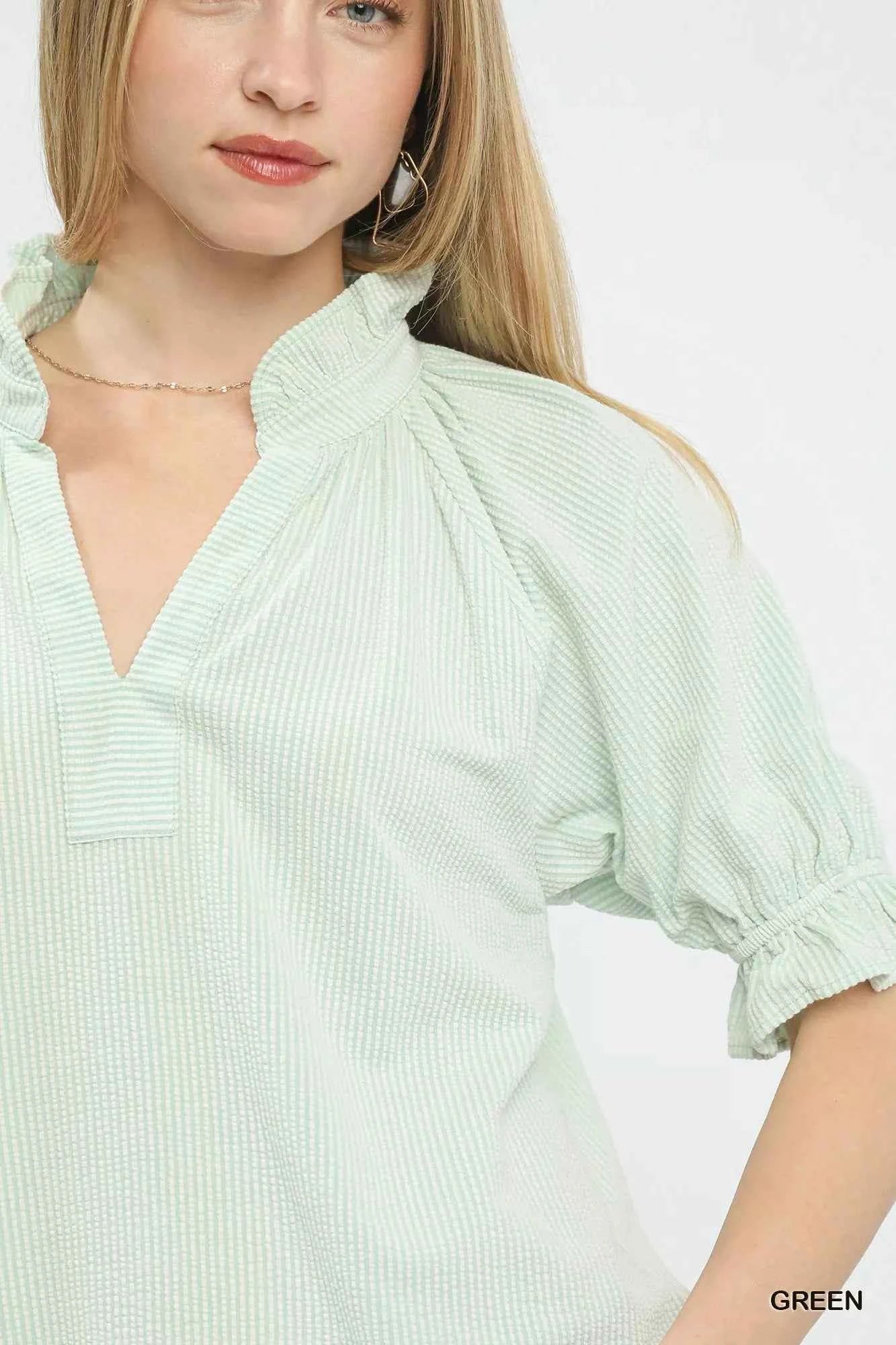 Umgee Textured Ruffle Sleeve V-Neck Top