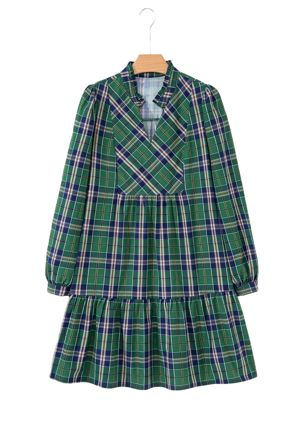 Green Plaid Print Frill Neck Long Sleeve Mini Dress 727370e608dacb00