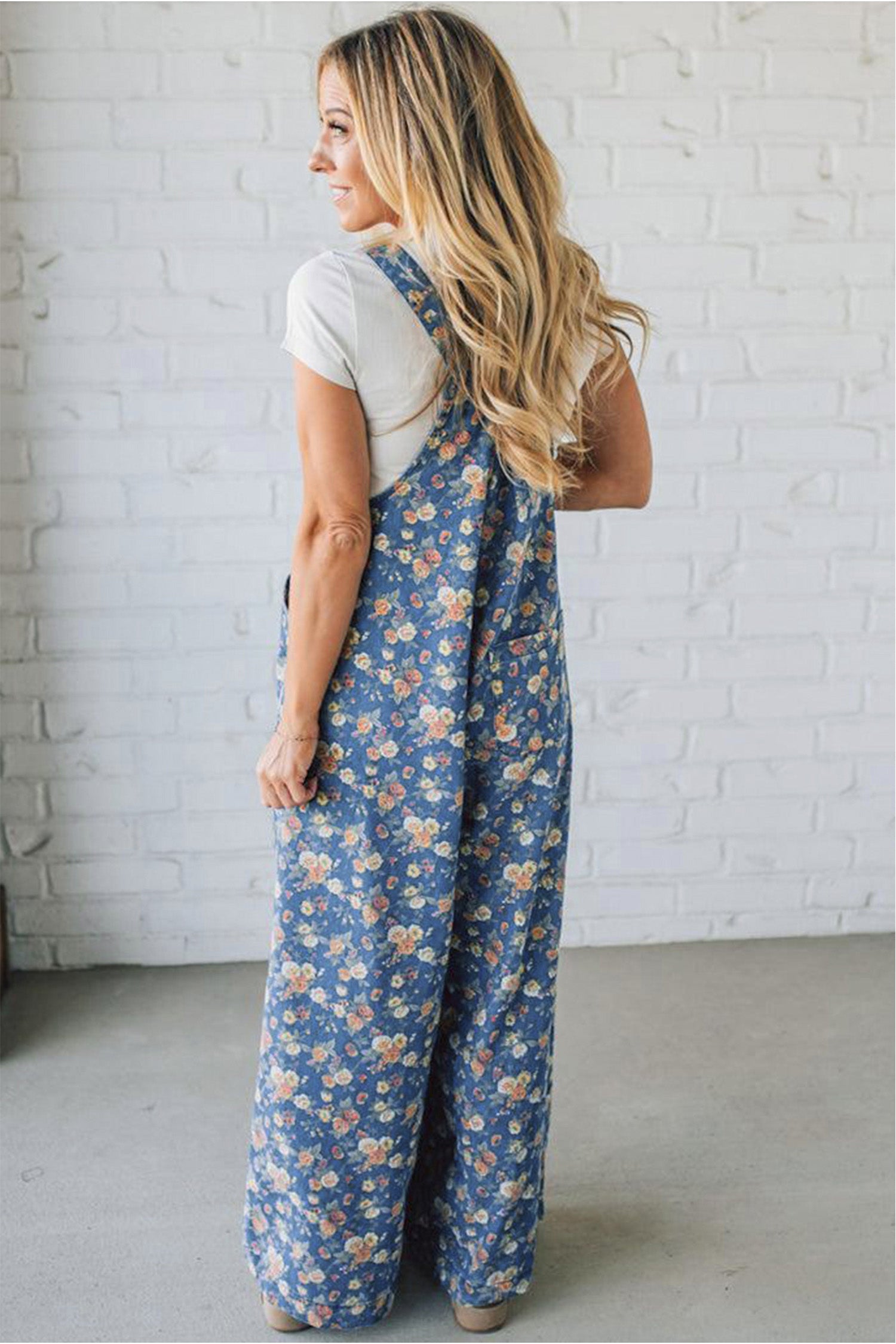 Blue Vintage Rose Printed Pleated Loose Denim Overall Jumpsuit 7276ae9601fd70de