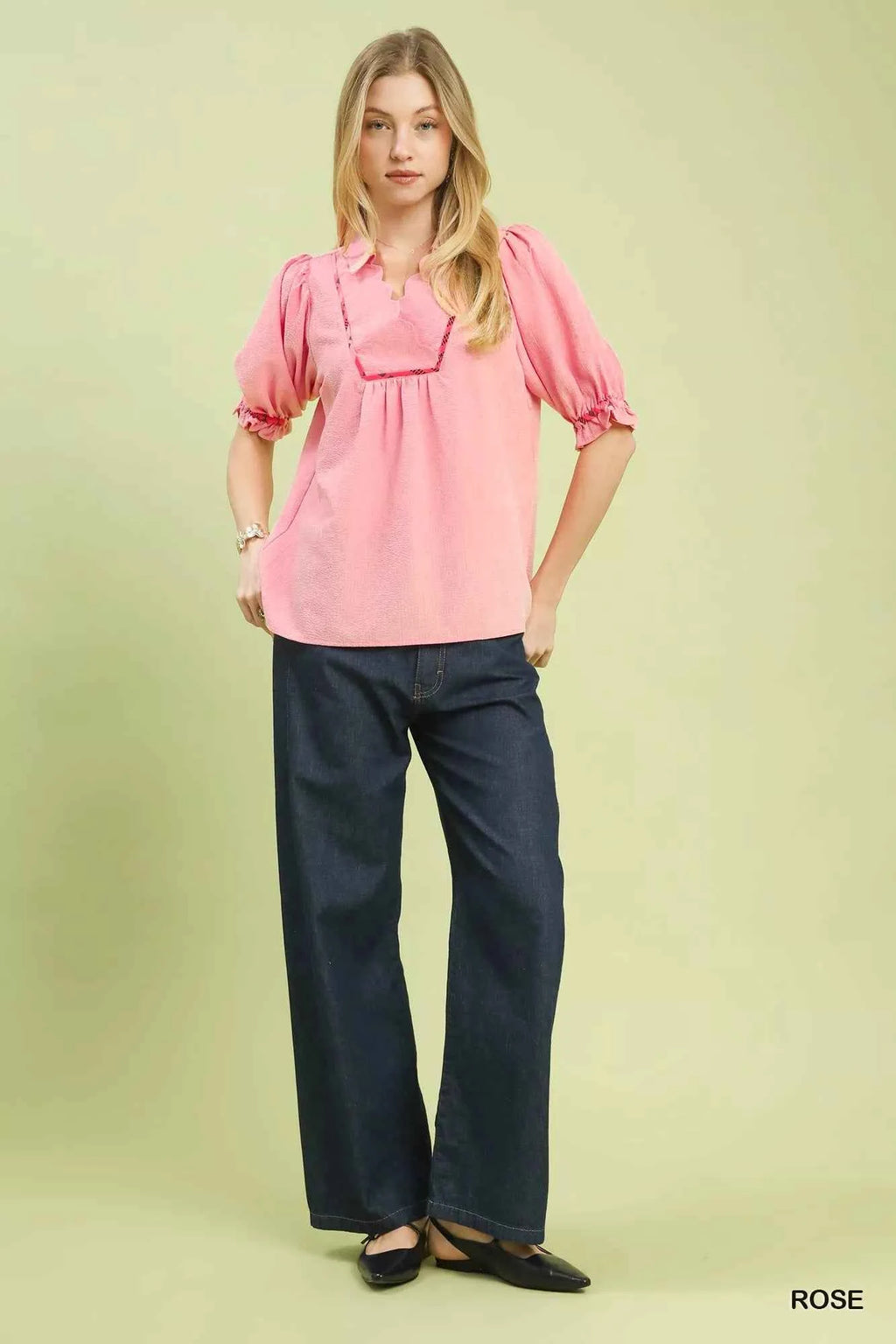 Umgee Scalloped Trim Blouse with Puff Sleeves 72798767-510b-43d7-9084-ecc30173a562-Max-Origin