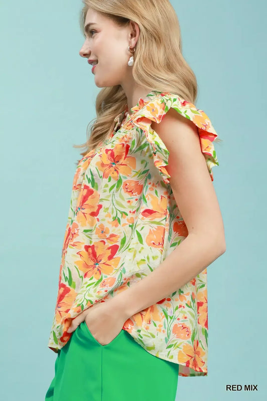 Smocked Yoke Ruffle Sleeve Floral Blouse 727a8a40-0b2c-4061-a2c9-563a1857d7e1-Max-Origin