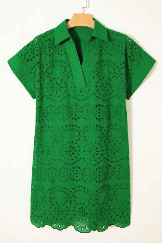 Solid Embroidered Eyelet Collared Mini Dress Green 727d351a-7c2a-47fe-8ebd-52af18dc83a1