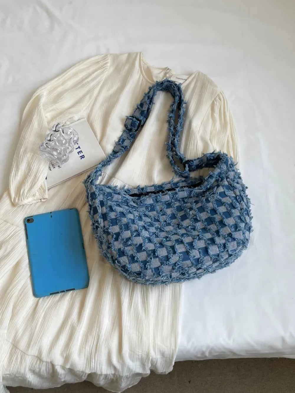 Checkered Raw Edge Denim Shoulder Bag 72845e45-da50-4e8b-8f74-44bf9e8004d9-Max