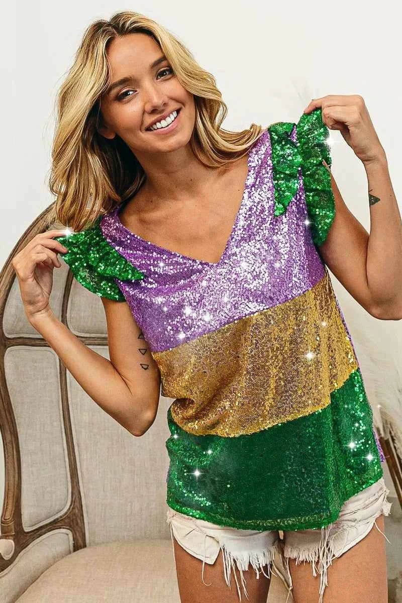 BiBi Mardi Gras Sequin Color Block Ruffled Top 7286044c824f4d6b9d81719c9dd654c6-Max-Origin