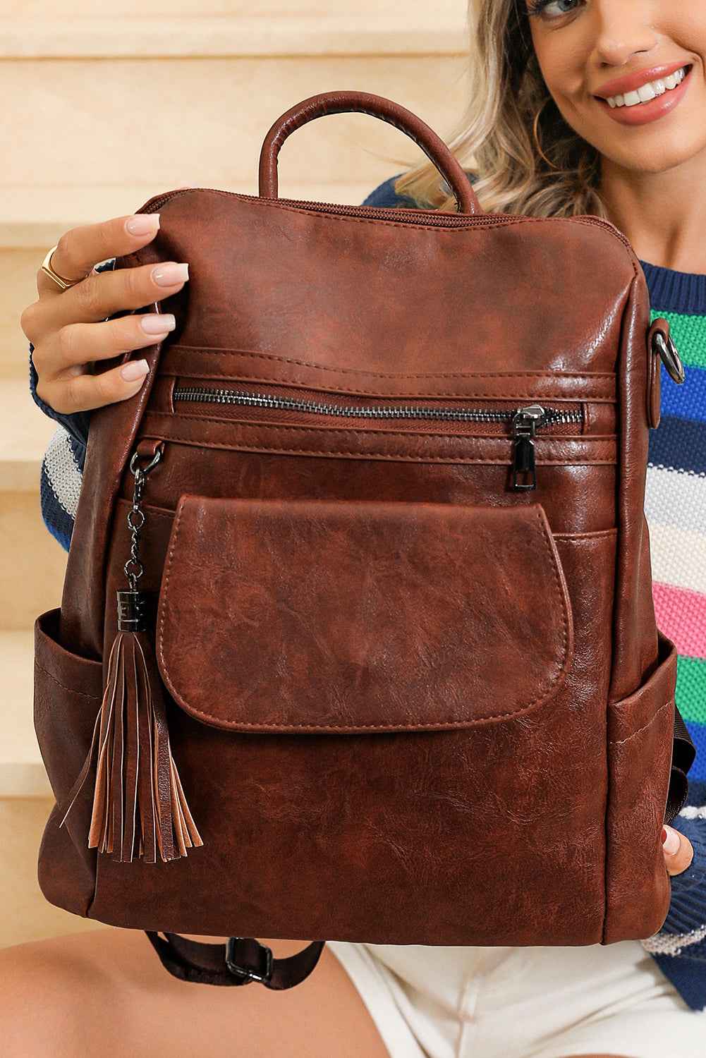 Dark Brown Tassel Decor Retro PU Large Capacity Backpack 72883610b21bac51