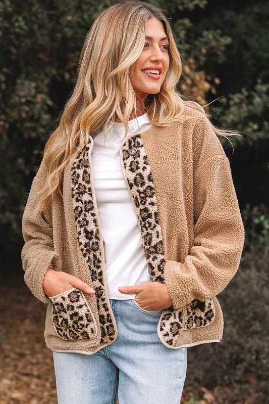 Casual Leopard Print Accent Plush Jacket with Pockets Smoke Gray 100%Polyester 728b39068735b169
